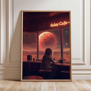 Póster retro de ciencia ficción, decoración cósmica surrealista de los años 70, póster espacial futurista, impresión de paisaje vintage, obra de arte espacial para dormitorio y sala de estar.