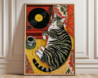 May include: A framed art print depicts a tabby cat lounging near a red record player. A cup of coffee sits nearby. The cat has green and black stripes. The artwork has a vintage, cozy aesthetic.