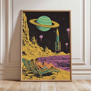 Retro Sci-Fi Poster, 70s Surreal Cosmic Decor, Futuristic Space Poster, Vintage Landscape Print, Space Artwork for Bedroom, Living Room
