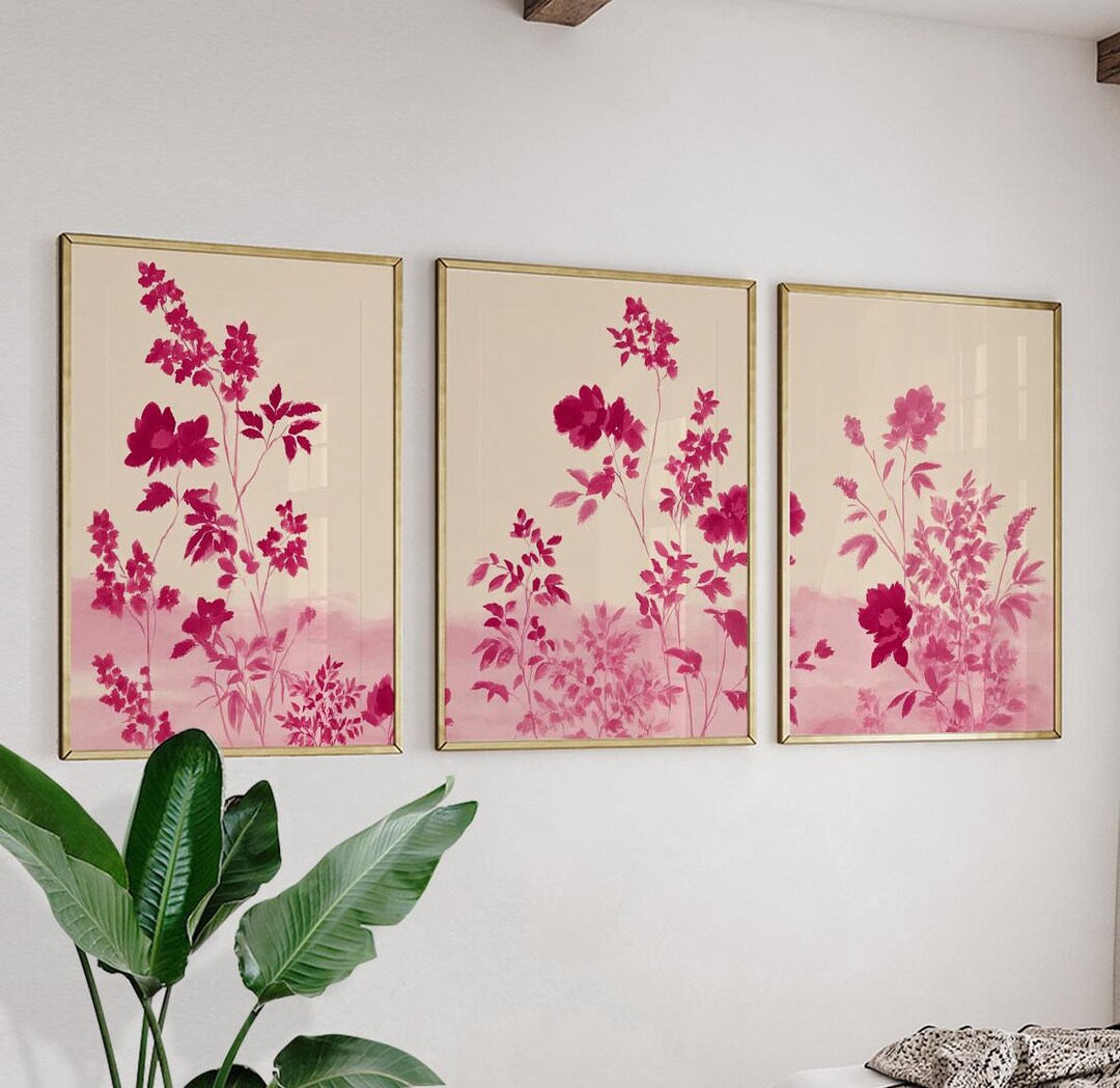 Pink Botanical Floral Posters Set of 3 | Soft Nature Wall Art Triptych ...