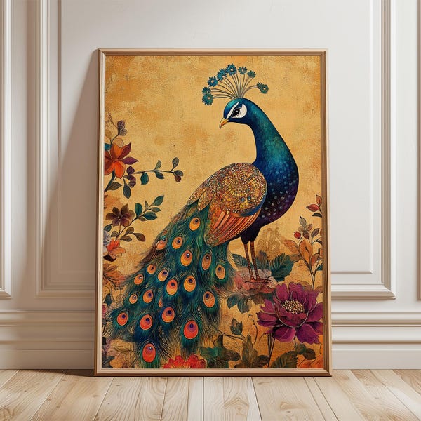 Poster vintage con pavone, elegante stampa floreale da parete, stampa in stile classico dipinto a olio, lussuosa opera d'arte con uccelli, arredamento regale per la casa