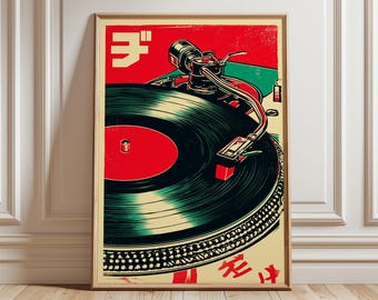 Vintage Turntable Art Print, Retro Japanese Vinyl Record Poster
