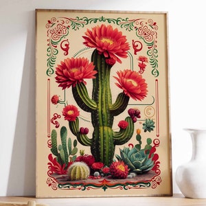 Vintage Mexikanische Kaktus Poster, Bunte mexikanische Kunstdrucke, Mexikanische Dekoration, Traditionelle Mexikanische Kunst, Blumendekor, Latein Druck, Mexikanisches Geschenk