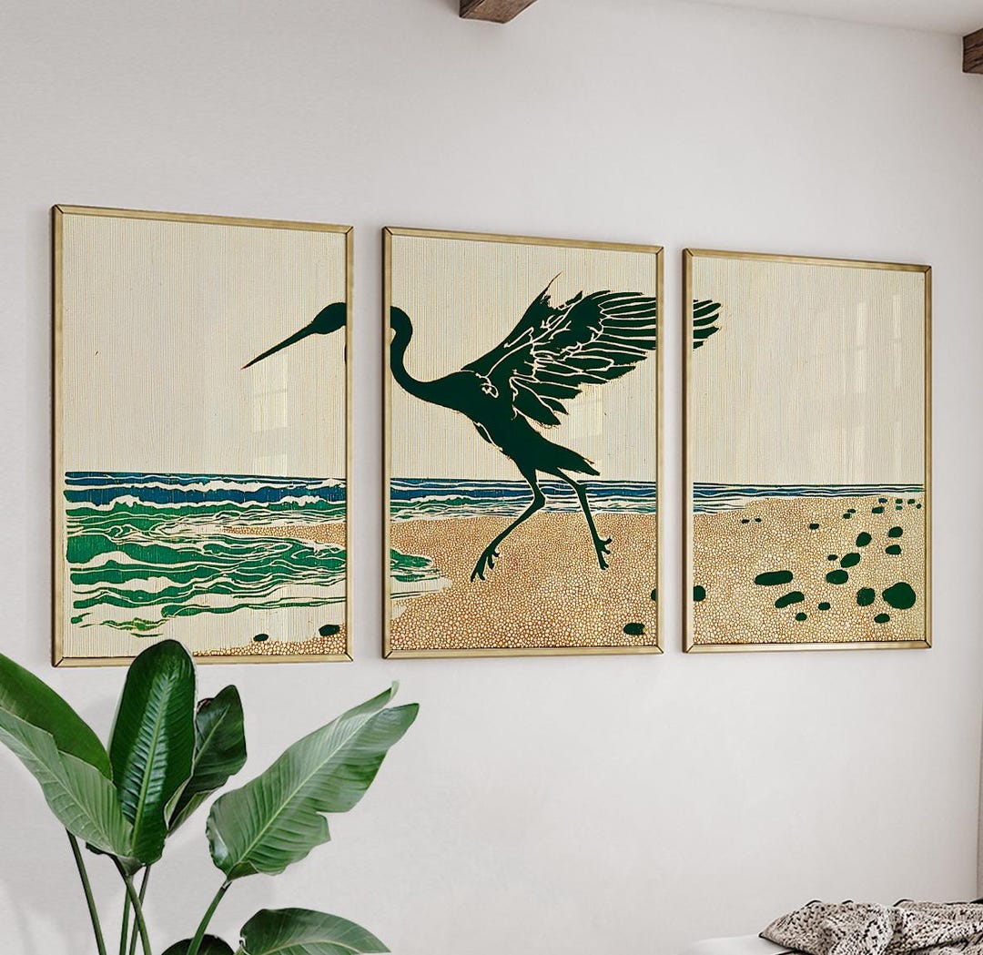 Green Coastal Bird Wall Art Print Set | Crane Beach Posters | Ocean ...