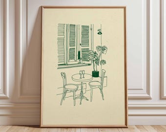 Minimalist Cafe Wall Art Print, Paris Bistro Line Drawing Poster, Modern Kitchen Decor, Coffee Shop Illustration Artwork