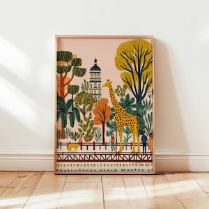 Zoo Poster, Giraffe Print, Animal Wall Art, Zoo Animal Print, Safari Decor Gift, Wildlife Illustration Poster, Jungle Animals Print