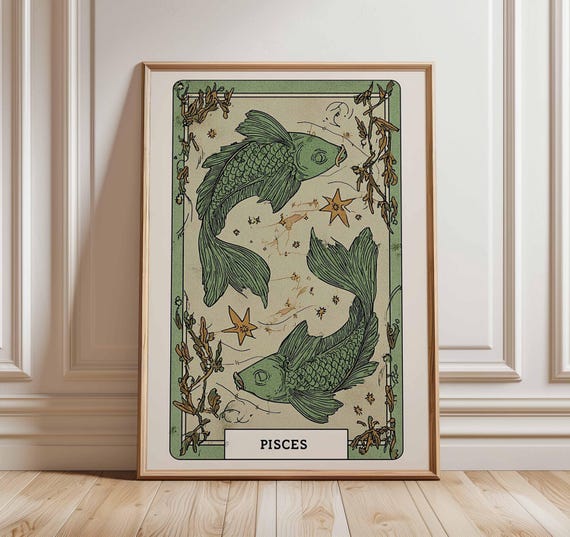 Pisces Zodiac Wall Art Print, Astrology Poster with Constellation, Horoscope Star Sign Artwork, Vintage Pisces Illustration Home Decor