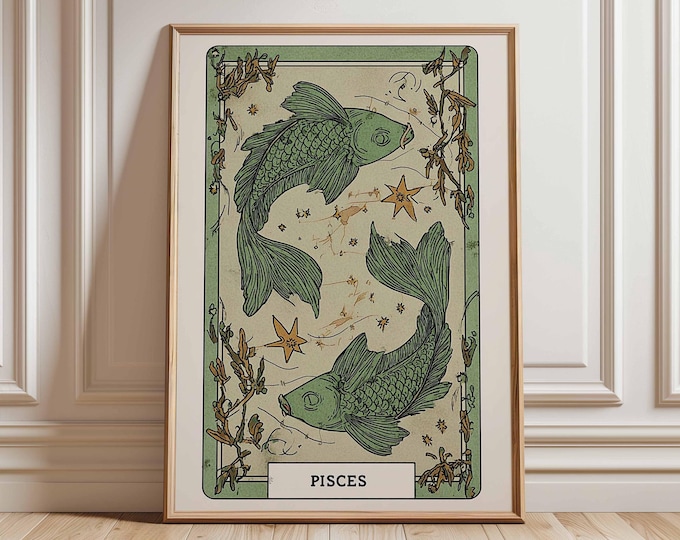Pisces Zodiac Wall Art Print, Astrology Poster with Constellation, Horoscope Star Sign Artwork, Vintage Pisces Illustration Home Decor