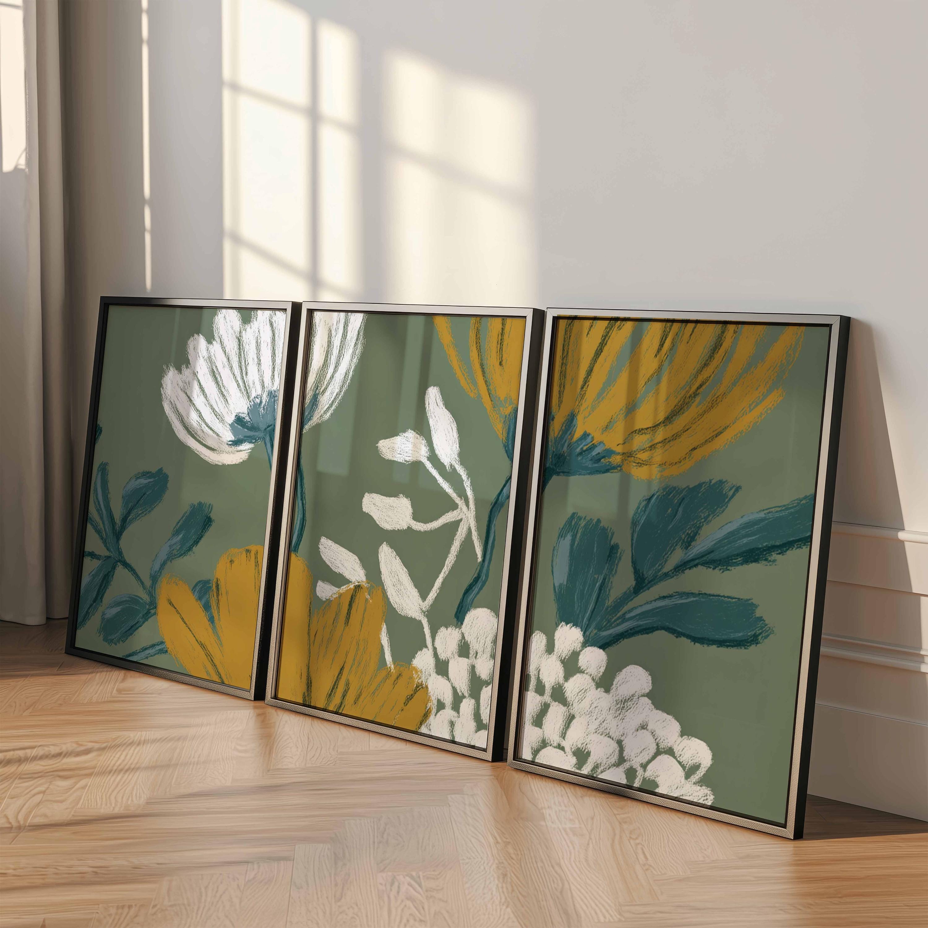 Botanical Wall Art Prints, Teal and Mustard Floral Set of 3 - Etsy