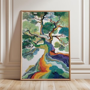 Könnte beinhalten: Ein gerahmter Kunstdruck eines farbenfrohen Baumes. Der Stamm und die Wurzeln sind in einem Regenbogen von Farben gemalt, während die Äste und Blätter Grüntöne und Blau aufweisen. Das Kunstwerk wird in einem Holzrahmen präsentiert.