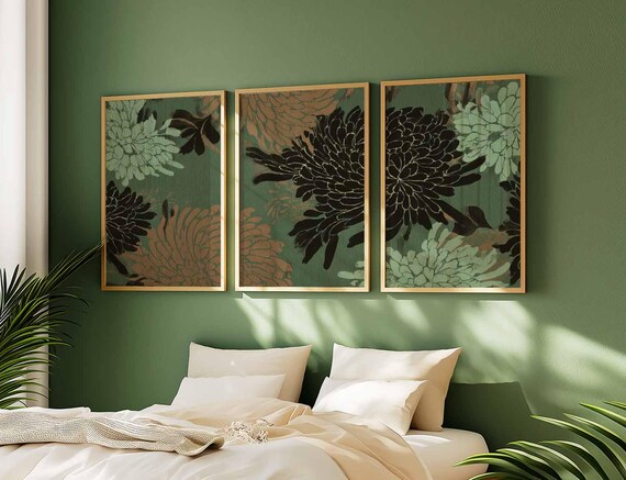 Dark Chrysanthemum Botanical Print Set, Vintage Floral Wall Art - Etsy