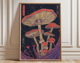 Pôster de cogumelo japonês, estampa botânica psicodélica, arte de parede boho