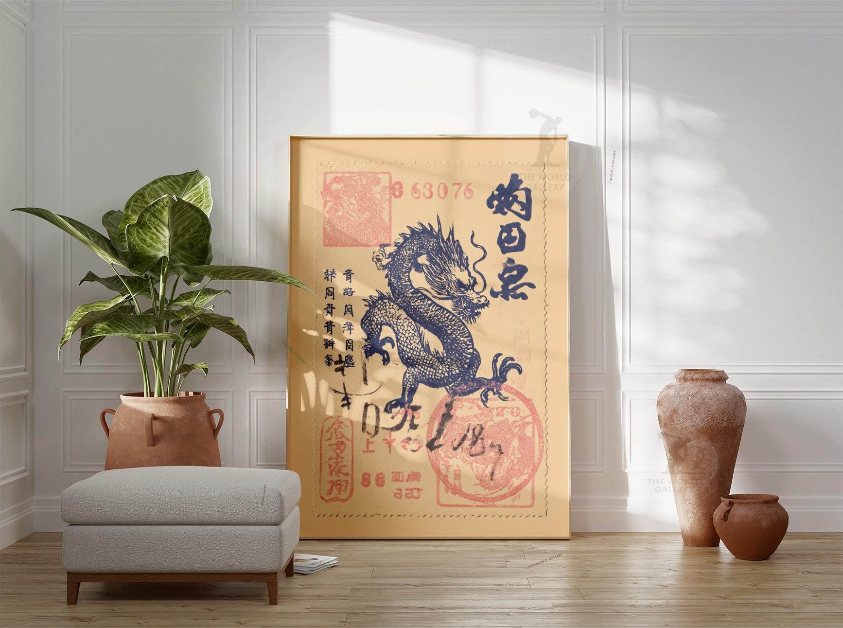 Japanese Dragon Poster | Vintage Stamp Wall Art | Blue Red Asian Print ...