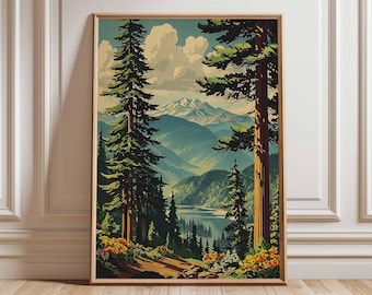 Mountain Forest Wall Art, Nature Landscape Poster Print, Wilderness Hiking Artwork, Rustic Cabin Decor, Scenic National Park Print