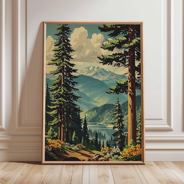 Arte de parede de floresta montanhosa, impressão de pôster de paisagem natural, arte de trilha em áreas selvagens, decoração de cabana rústica, impressão cênica de parque nacional