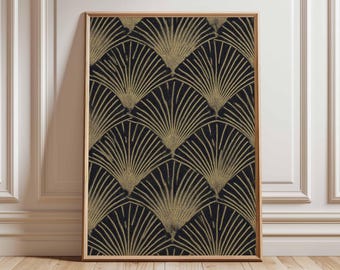 Impresión de arte mural Art Déco / Póster geométrico en negro y dorado / Decoración vintage glamurosa para el hogar / Diseño elegante de póster con patrón abstracto