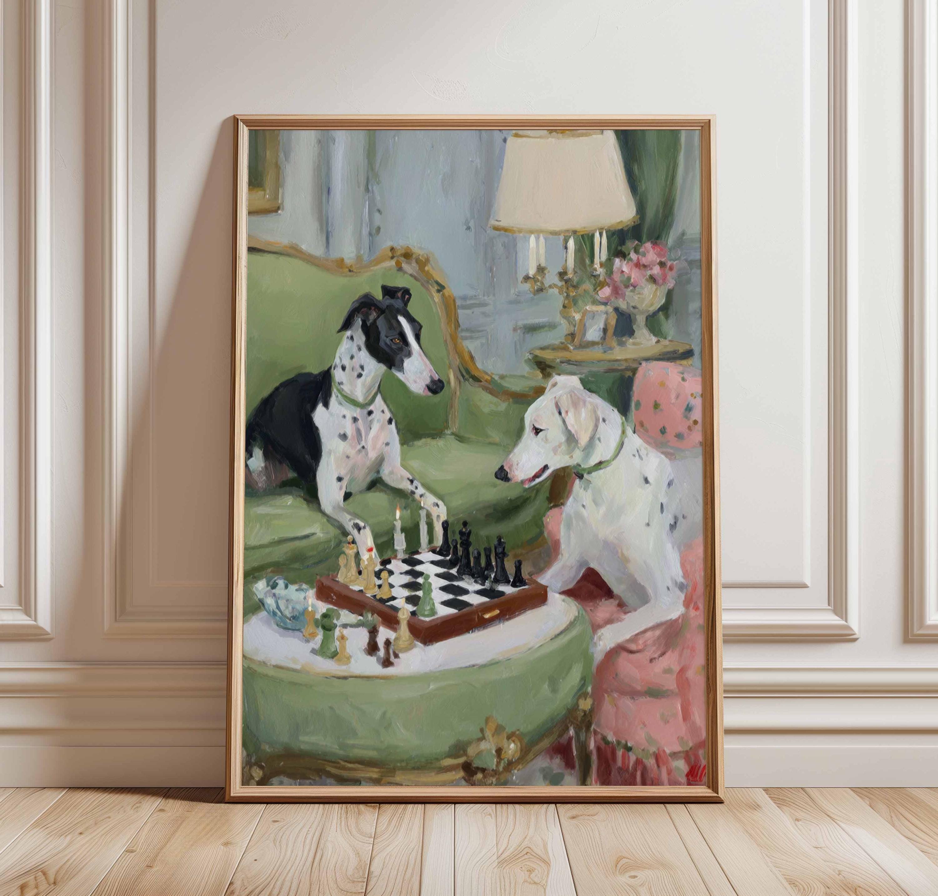 Funny Dog Art Print, Whippet and Dalmatian Playing Chess Painting