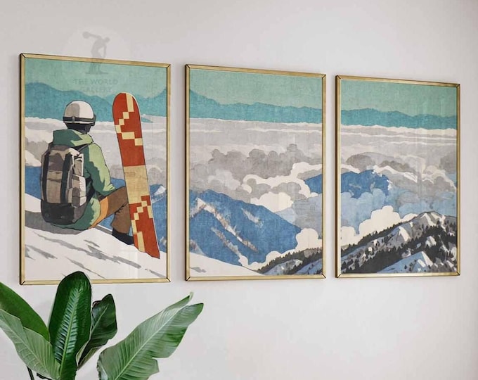 Snowboarder Mountain Poster Set of 3 – Vintage French Alps Wall Art Prints, Winter Sports Snowboarding Decor, Gift Idea