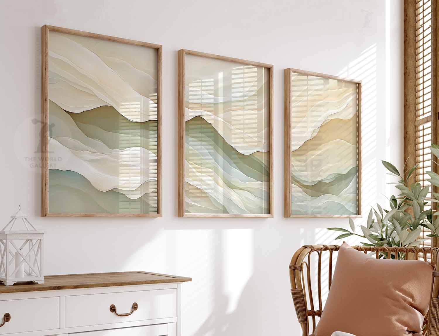 Set of 3 Neutral Abstract Prints, Minimalist Wall Art, Beige