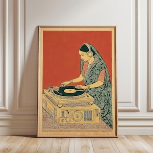 DJ i sari-affisch, vintageillustration i träblocksstil