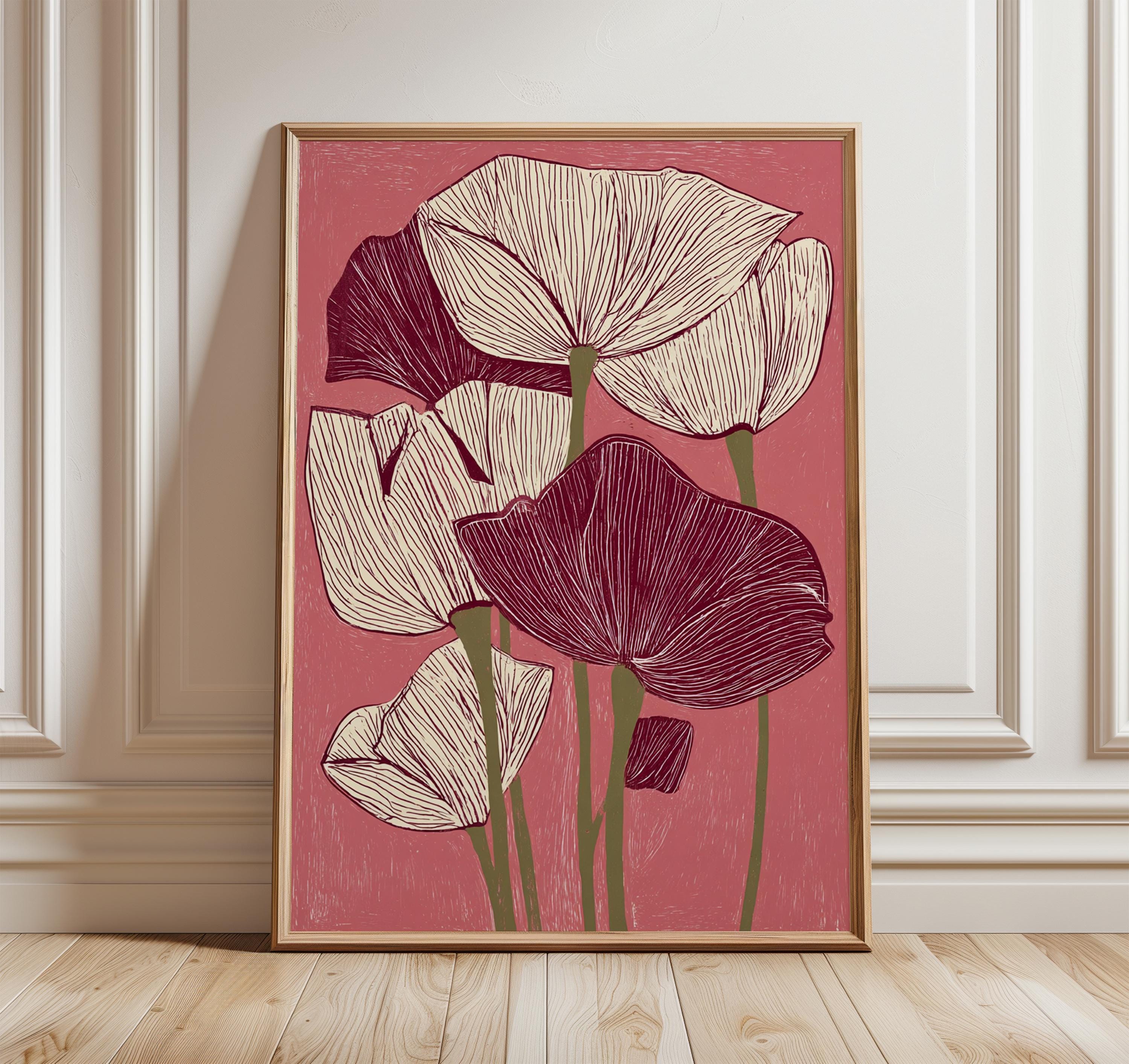 Modern Floral Art Print, Burgundy Poppy Wall Art, Minimalist