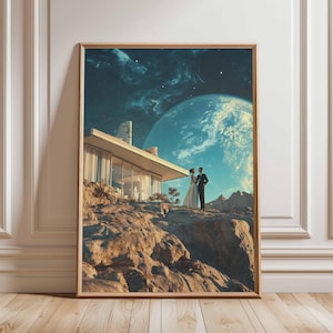 Póster retro de ciencia ficción, decoración cósmica surrealista de los años 70, póster espacial futurista, impresión de paisaje vintage, obra de arte espacial para dormitorio y sala de estar.