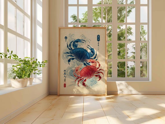 Japanese Crab Art Print, Vintage Woodblock Style, Nautical Wall