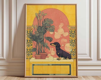 Impression d'art teckel, chien saucisse, illustration d'animal de compagnie moderne