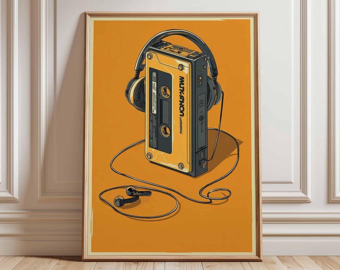 Retro Cassette Player Wall Art Print, Vintage Music Poster, 80s Walkman Headphones Artwork, Nostalgic Audio Tape Home Decor
