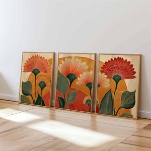 Retro Floral Wall Art Set of 3, Mid Century Modern Botanical Prints, Warm Earth Tone Flower Art for Living Room or Bedroom Decor