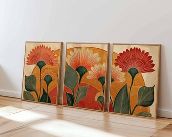 Retro Floral Wall Art Set of 3, Mid Century Modern Botanical Prints, Warm Earth Tone Flower Art for Living Room or Bedroom Decor