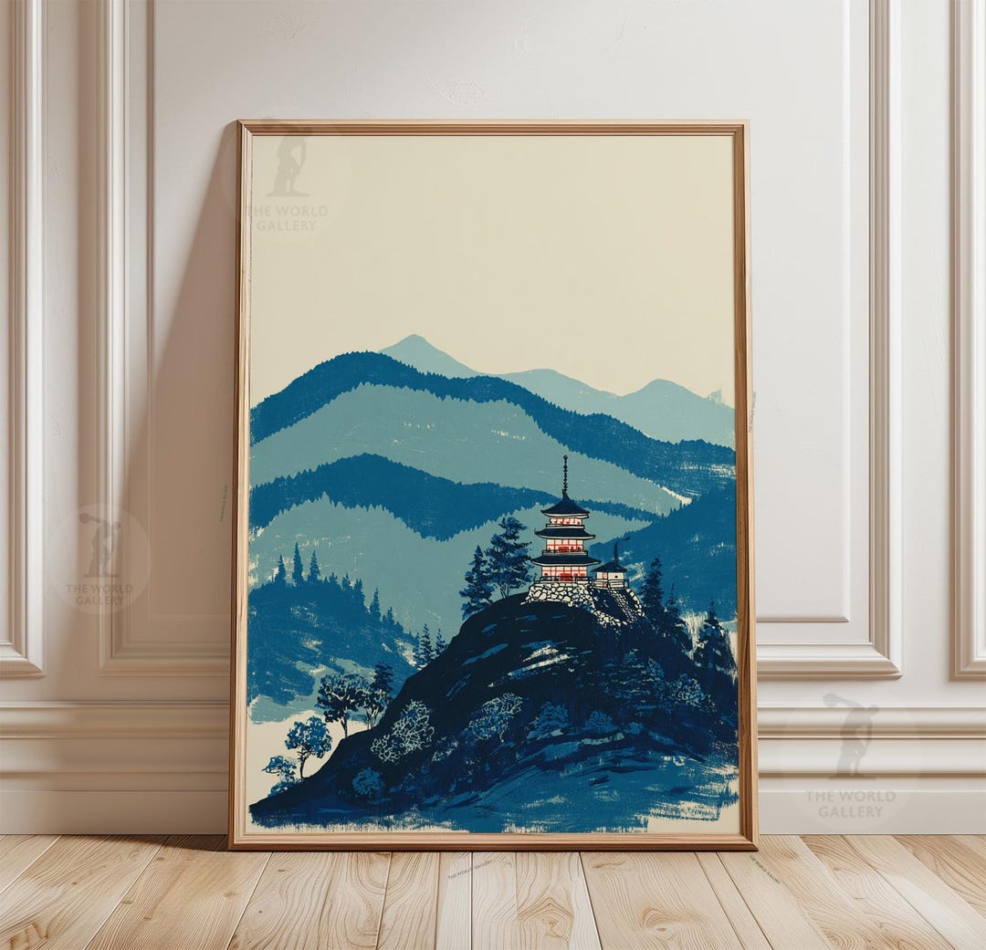 Japanese Pagoda Mountain Landscape Print | Minimalist Zen Asian Wall ...