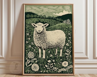 【美品】風景画 羊の絵 アート 4匹の丸い水彩羊のアートプリント、水彩羊のウォールアート、キュート