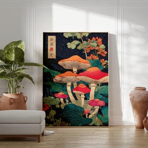 May include: A framed art print featuring a vibrant illustration of mushrooms with red and orange caps, set against a dark blue background with green foliage and orange flowers. The artwork has a Japanese aesthetic.