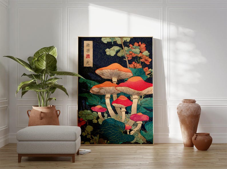 May include: A framed art print featuring a vibrant illustration of mushrooms with red and orange caps, set against a dark blue background with green foliage and orange flowers. The artwork has a Japanese aesthetic.
