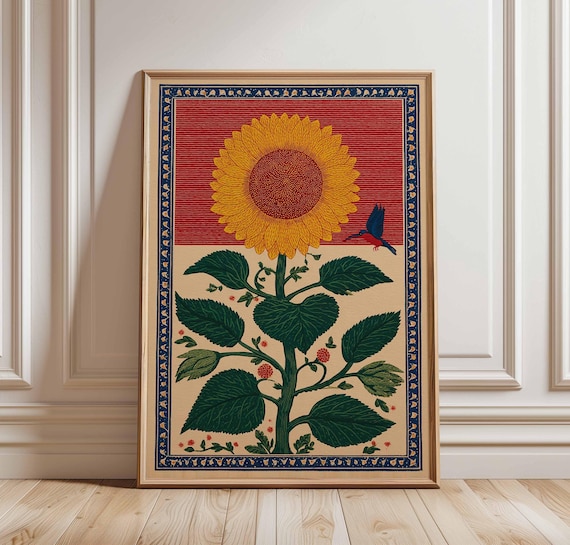 Folk Art Sunflower Poster, Retro Cottagecore Botanical Print