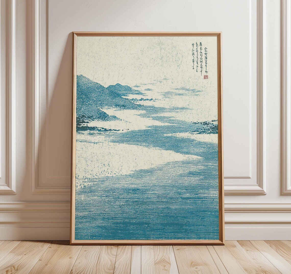 Japanese River Landscape Wall Art Print, Blue Ink Mountain Poster ...