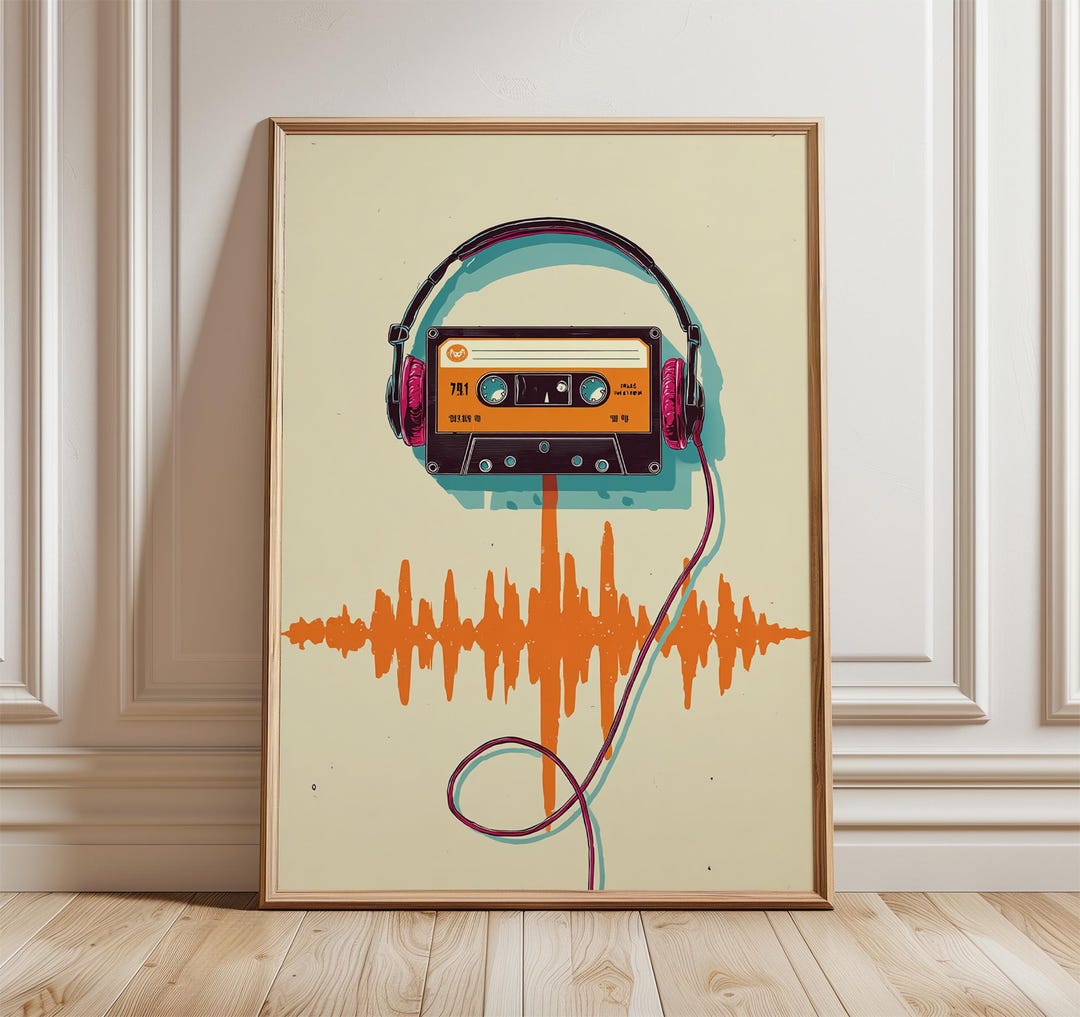 Retro Cassette Poster, Vintage Music Art Print, 80s Wall Decor