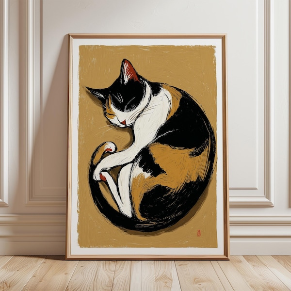 Japanese Cat Poster, Minimalist Calico Cat Wall Art Print, Modern Animal Illustration, Zen Style Home Decor for Living Room or Bedroom