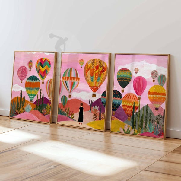 Hot Air Balloon Print Set, Rainbow Mountain, Whimsical Nursery Decor