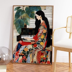 May include: A framed art print showing a woman playing a piano. She is dressed in a colourful patterned dress with fruit and floral designs. The artwork includes a piano, sheet music, and a large green plant. The background is a collage of textures and patterns.