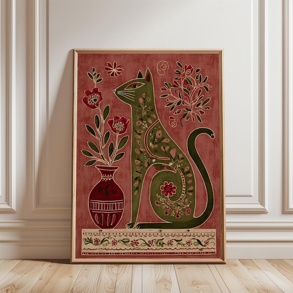 Póster de gato con estampado floral verde, estilo arte popular con fondo granate.