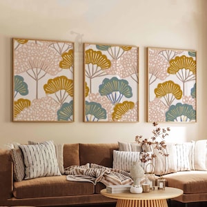 Retro Floral Pattern Set of 3 Posters, Mid Century Modern Floral Prints, Boho Living Room Decor, Bold Botanical Poster Set, Aesthetic Art