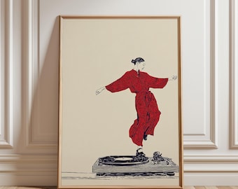 Red Dancer Illustration Poster | Vinyl Turntable Music Art | Minimal Line Figure Print