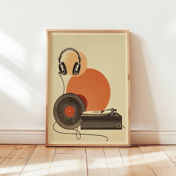 70s Music Poster, Retro Vinyl Record Player and Headphone Wall Art