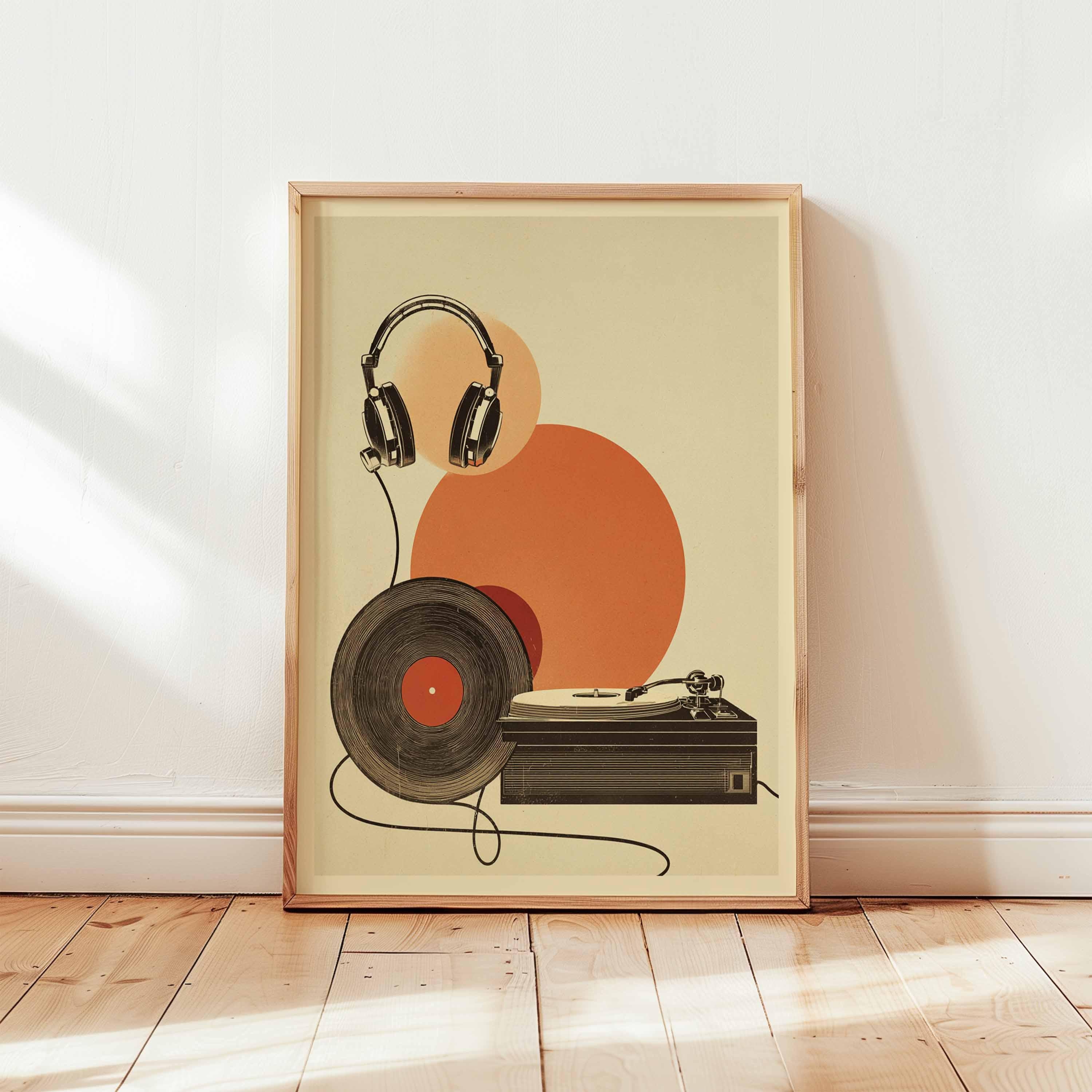 70s Music Poster, Retro Vinyl Record Player and Headphone Wall Art