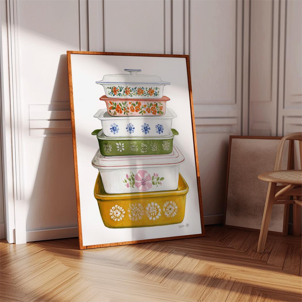 Pyrex Artwork Retro Kitchen Wall Art, Vintage Pyrex Print, Colorful Pottery Poster ...