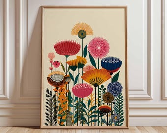 Colorful Botanical Wall Art Print, Modern Floral Poster, Vibrant Flower Artwork for Living Room or Bedroom Decor