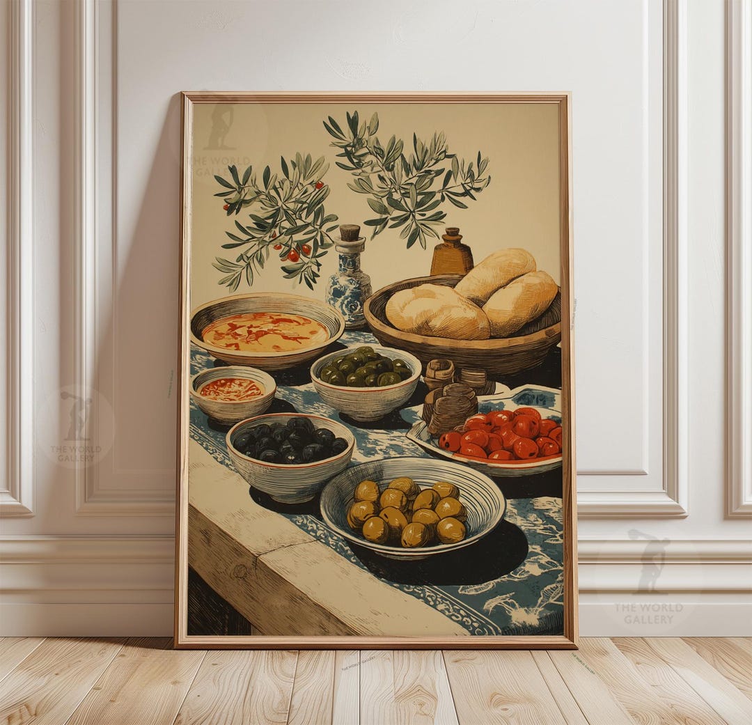 set of three mediterranean kitchen prints | framed... Mediterranean Food Still Life Print | Rustic Olive Bread Kitchen Wall ...