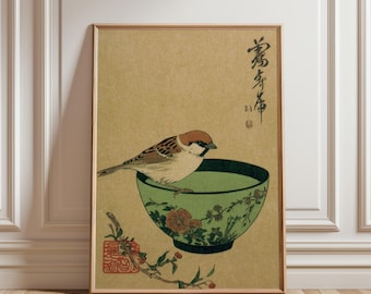 Sparrow on Green Bowl Poster, Japanese Ink Illustration Print